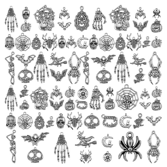 80pcs pendentifs en alliage de style tibétain d'Halloween, araignée et chauve-souris et toile d'araignée et crâne