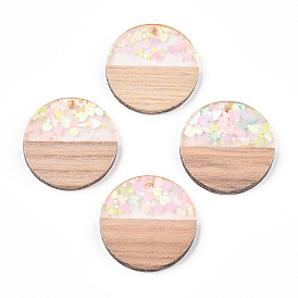 Transparent Resin & White Wood Pendants, Flat Round Charms with Paillettes