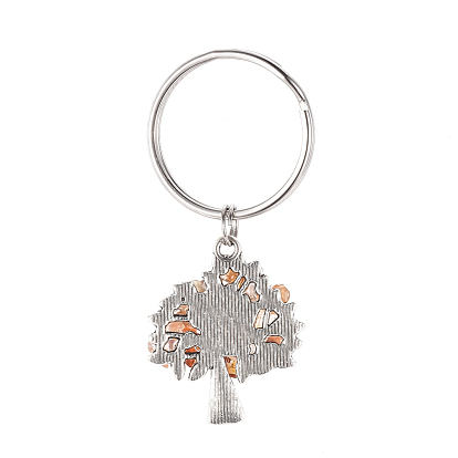 Chip Natural & Synthetic Gemstone Keychain Sets, with Antique Silver Plated Alloy Pendants and 316 Surgical Stainless Steel Split Key Rings, Tree