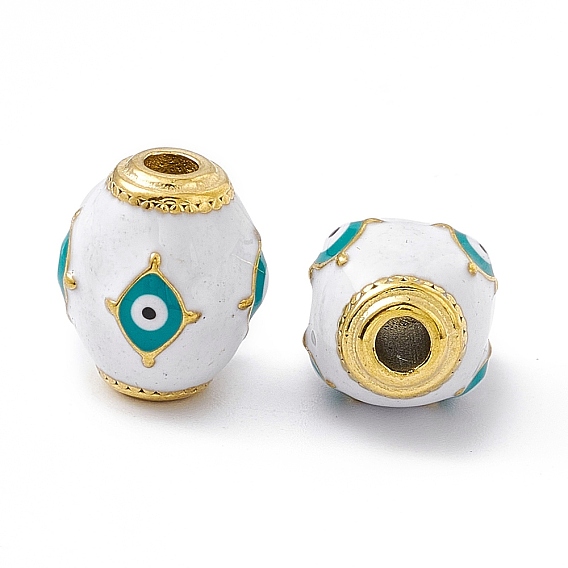 Vacuum Plating 201 Stainless Steel Beads, with Enamel, Real 18K Gold Plated, Barrel with Evil Eye