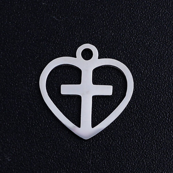 201 Stainless Steel Hollow Charms, Crosslet Heart Charms, Heart with Cross