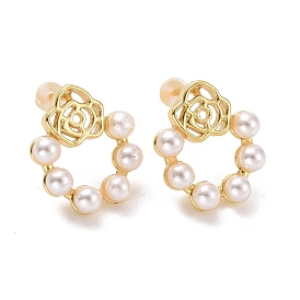 Plastic Pearl Beaded Ring with Flower Stud Earrings, Brass Jewelry for Women, Cadmium Free & Lead Free