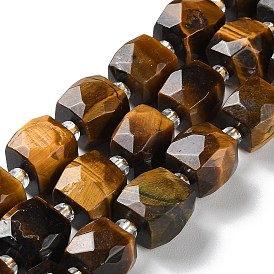 Natural Tiger Eye Beads Strands, with Seed Beads, Cube, Faceted