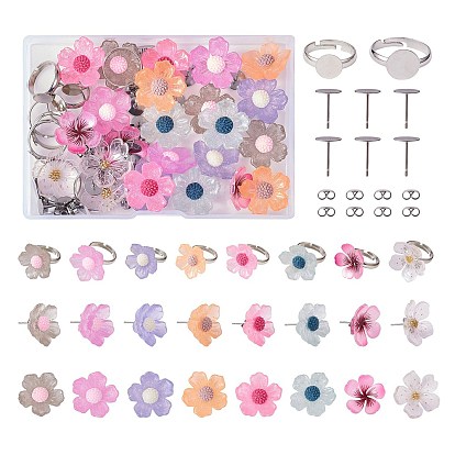 DIY Flower Stud Earring and Finger Ring Making Kit, Including Resin Cabochons, Brass Pad Ring Bases, 304 Stainless Steel Stud Earring Findings