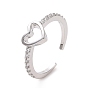 Clear Cubic Zirconia Hollow Out Heart Open Cuff Ring, Brass Jewelry for Women
