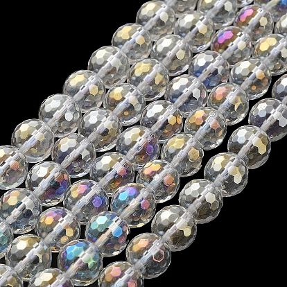 Brins de perles de cristal de quartz synthétique galvanisées, ronde à facettes