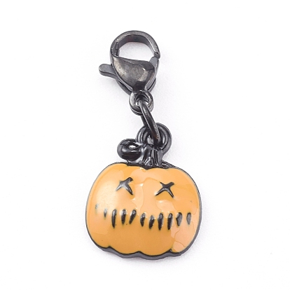 Halloween Theme Alloy Enamel Pendants Set, with 304 Stainless Steel Lobster Claw Clasps, Castle & Magic Hat & Pumpkin Jack-O'-Lantern & Mouth & Ghost with Witch Hat
