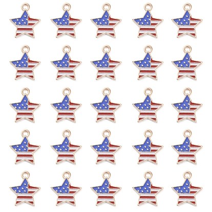 50Pcs Independence Day Light Gold Plated Alloy Enamel Pendants, 4th of July Patriotic American Flag Star