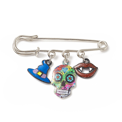 Halloween Skull & Witch Hat & Lip Alloy Enamel Charms Safety Pin Brooch, Iron Sweater Shawl Clips for Waist Pants Extender Clothes Dresses Decoration