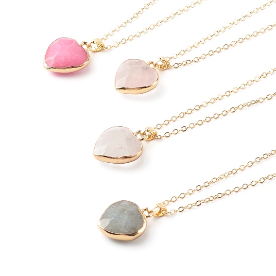 Mixed Natural Gemstone Heart Pendant Necklaces, with Brass Cable Chains, Golden