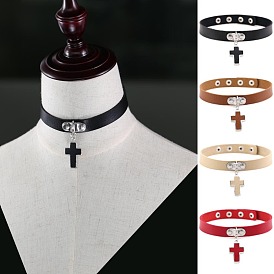 Collier tour de cou réglable en cuir pu, collier pendentif croix en alliage avec boutons pression en acier inoxydable pour femme