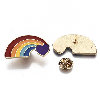 Alloy Brooches, Enamel Pin, with Brass Butterfly Clutches, Rainbow, Light Gold