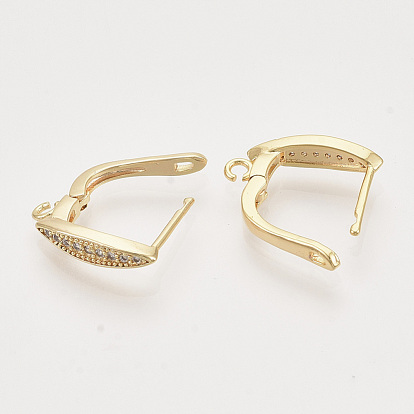 Brass Micro Pave Cubic Zirconia Hoop Earring Findings with Latch Back Closure, Nickel Free, with Horizontal Loop, Real 18K Gold Plated, Horse Eye