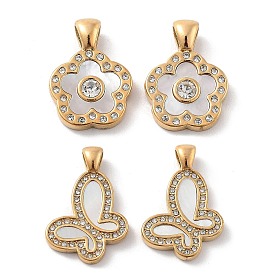 Natural Shell Pendants, with Ion Plating(IP) 304 Stainless Steel Rhinestone Findings, Real 14K Gold Plated