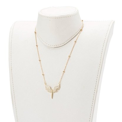 Brass Micro Pave Clear Cubic Zirconia Cross Pendant Necklaces, with 304 Stainless Steel Lobster Claw Clasps, Wing