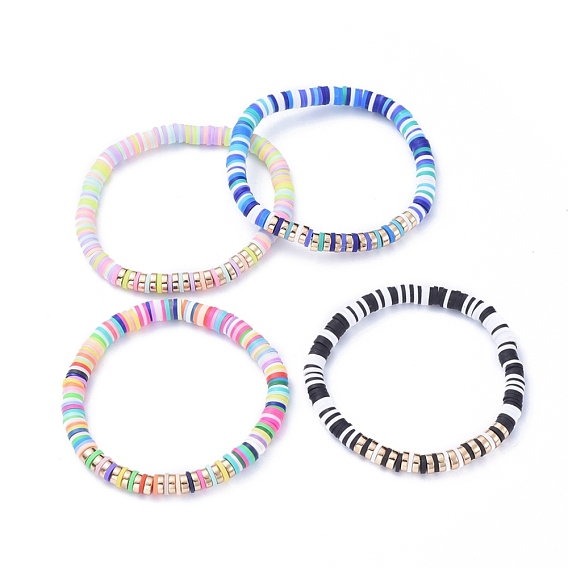 Bracelets élastiques faits à la main de perles heishi en pâte polymère, avec des non-magnétiques perles synthétiques d'hématite
