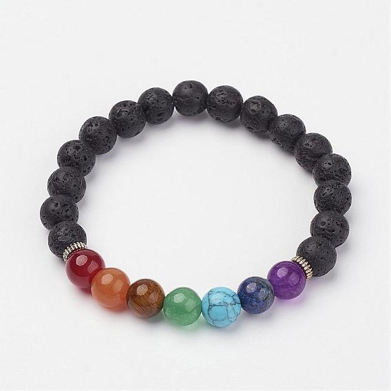 Lava Rock Beaded and Gemstone Beaded Stretch Bracelets, with Alloy Spacer Beads