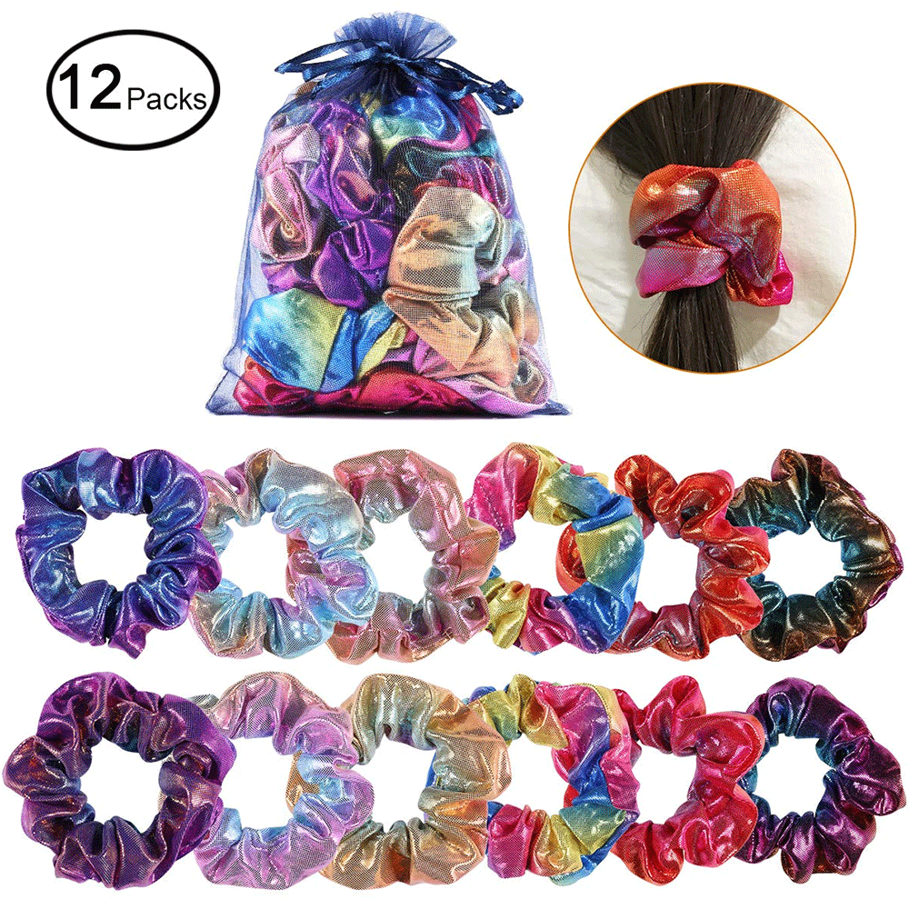 Metallic Rainbow Hair Scrunchies Laser Holographic Large Colored Elastic Bands C84