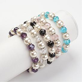 Bracelets élastiques en perles de verre, Avec des perles de verre transparentes et des entretoises en alliage