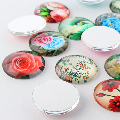 Flower Printed Glass Cabochons, Half Round/Dome