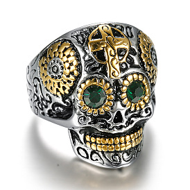 Two Tone 316 Surgical Stainless Steel Skull with Cross Finger Ring, Emerald Rhinestone Gothic Punk Jewelry for Women