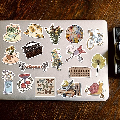 Retro Paper Stickers Set, Adhesive Label Stickers, for Water Bottles, Laptop, Luggage, Cup, Computer, Mobile Phone, Skateboard, Guitar Stickers, Bowknot & Bike & Clock, Book, Hat, Plant, Musical Instrument