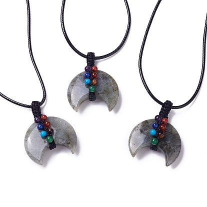Collier pendentif double corne de pierres précieuses mélangées naturelles et synthétiques réglable avec cordon de cire pour les femmes
