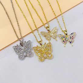 Collier papillon à la mode, bijoux de luxe pour femmes, en cuivre plaqué or, micro incrusté de zircon coloré.