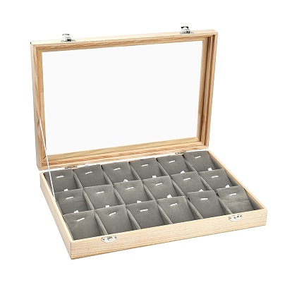 Boîtes de présentation en bois, avec la glace, 18 grille présentoir à bijoux pendentif empilable avec couvercle transparent, rectangle