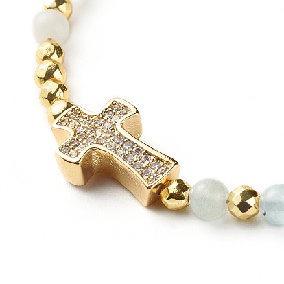 Cross Cubic Zirconia Beaded Bracelet for Girl Women, Natural Stone & Brass Beads Bracelet, Golden