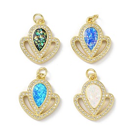 Brass Micro Pave Cubic Zirconia Pendants, with Synthetic Opal and Jump Ring, Long-Lasting Plated, Real 18K Gold Plated