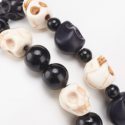 2Pcs 2 Style Natural & Synthetic Mixed Gemstone Skull Braided Bead Bracelets Set, Halloween Adjustable Bracelets for Women