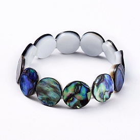 Bracelets extensibles en coquille d'ormeau naturel / coquille de paua, bracelets perlés, plat rond