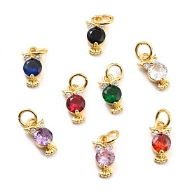 Brass Micro Pave Cubic Zirconia Charms, Real 18K Gold Plated, Cadmium Free & Lead Free, Owl