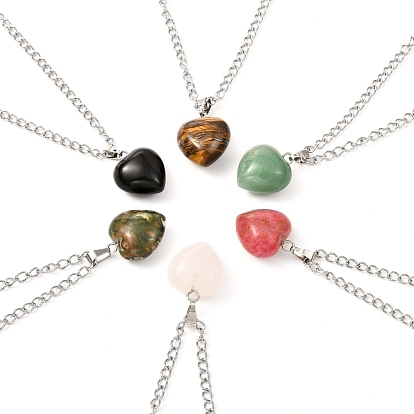 Collares pendientes de piedras preciosas mixtas naturales y sintéticas de corazón, con 304 cadenas de acera de acero inoxidable