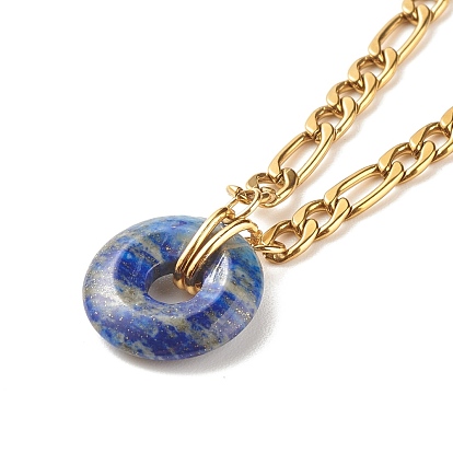 Natural Gemstone Donut Pendant Necklace with 304 Stainless Steel Figaro Chain for Women, Golden