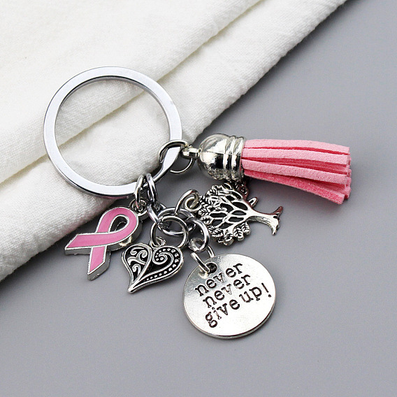 Llavero con colgante de aleación de cinta de concientización rosa sobre el cáncer de mama de octubre para mujer, con la borla, redondo plano/árbol de la vida/corazón
