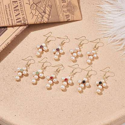 Boucles d'oreilles pendantes croix tressées en coquillage naturel et pierres précieuses, bijoux en fil de laiton plaqué or pour femme