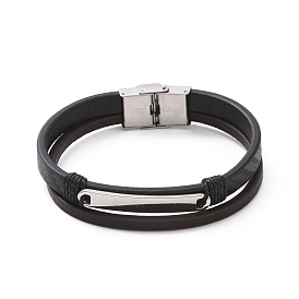 Microfiber Cord Braided Double-strand Bracelet, 201 Stainless Steel Bar Link Punk Wristband for Men Women