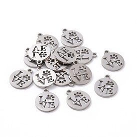201 Stainless Steel Charms, Flat Round with Word Love