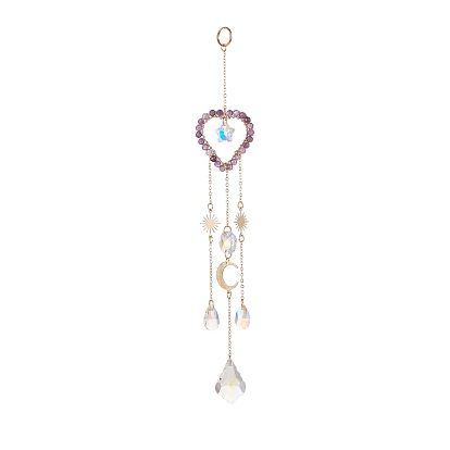 Glass Teardrop & Star Window Hanging Suncatchers, Heart Natural Amethyst & Brass Sun & Moon Pendants Decorations Ornaments