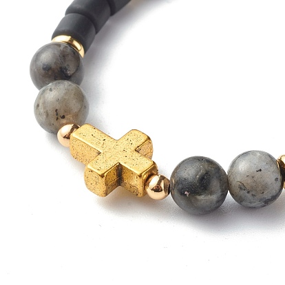Natural Larvikite Beads Stretch Bracelets, with Handmade Polymer Clay & Alloy Cross & Brass Beads