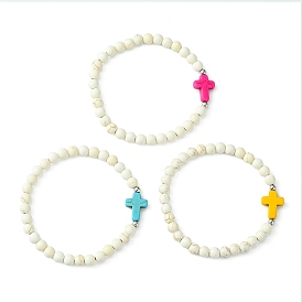 Bracelets de croix de religion, bracelet extensible en magnésite synthétique et perles turquoise pour femme, avec des perles en laiton