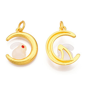 Glass Charms, with Alloy Findings and Rhinestone, Matte Gold Color, Moon with Rabbit