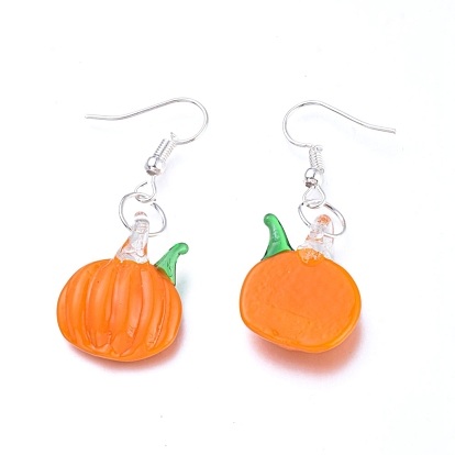 Handmade Lampwork Dangle Earrings, with Brass Earring Hooks, Pumpkin, Dark Orange