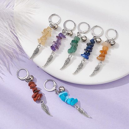 Natural Gemstone Chips Pendant Decoration, with Alloy Wing and 304 Stainless Steel Leverback Charm