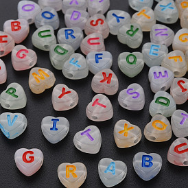 Luminous Acrylic Beads, Horizontal Hole, Heart with Random Letters