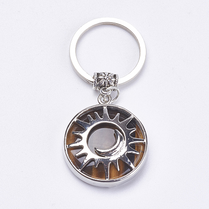 Porte-clé pierres précieuses, avec accessoires en laiton, plat rond avec le soleil et la lune