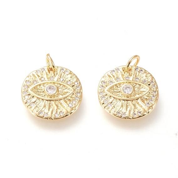Brass Micro Pave Clear Cubic Zirconia Charms, with Jump Rings, Long-Lasting Plated, Flat Round with Eye