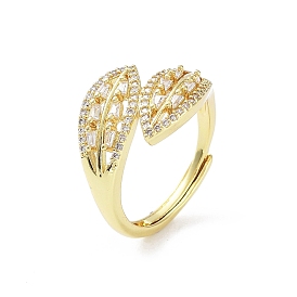 Leaf Shape Rack Plating Brass Micro Pave Cubic Zirconia Adjustable Ring, Long-Lasting Plated, Lead Free & Cadmium Free